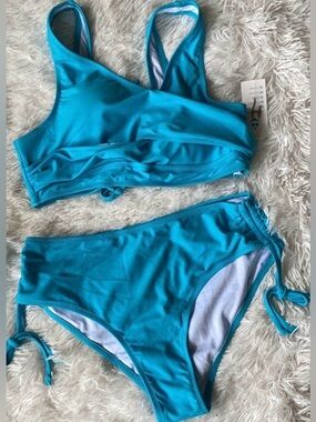 Beachsissi high waisted ruched Bikini crisscross Tie Back top 2 Pieces Swimsuit